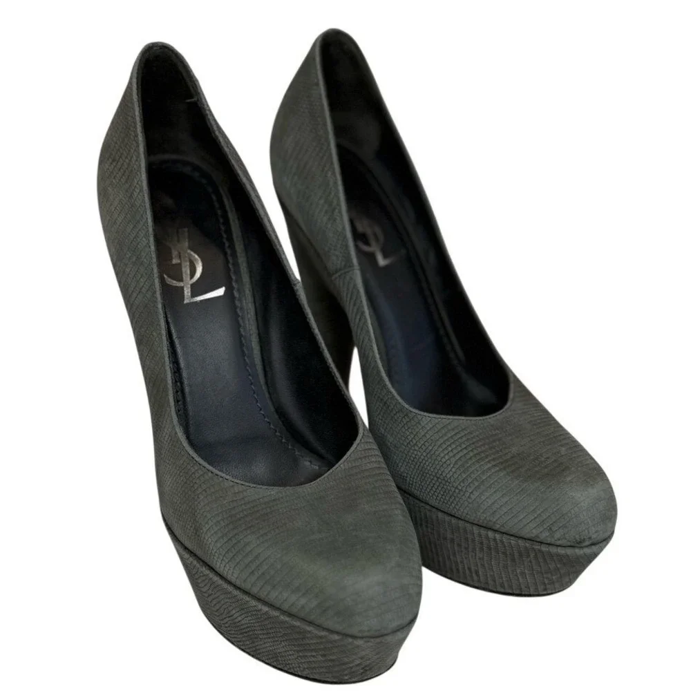 Yves Saint Laurent YSL Grey Suede Lizard Textured Platform Stiletto Pump Sz 37.5
